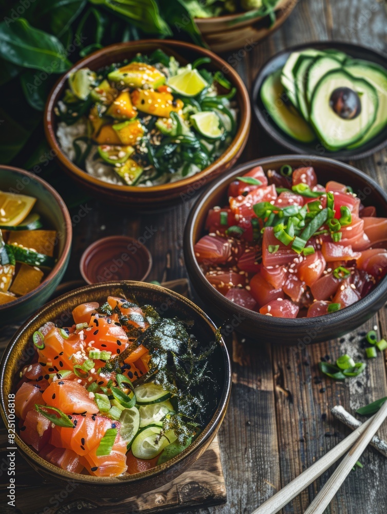 A variety of bowls of food, including sushi, sit on a wooden table. The bowls are filled with different types of food, such as avocado, broccoli, and carrots. The table is set with chopsticks
