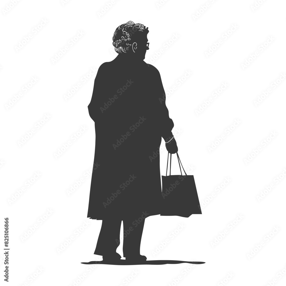 Silhouette elderly woman with Shopping basket full body black color only Silhouette elderly woman with Shopping basket full body black color only