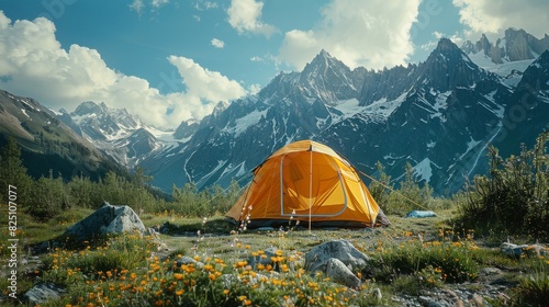 A small orange tent is set up in a field next to a mountain