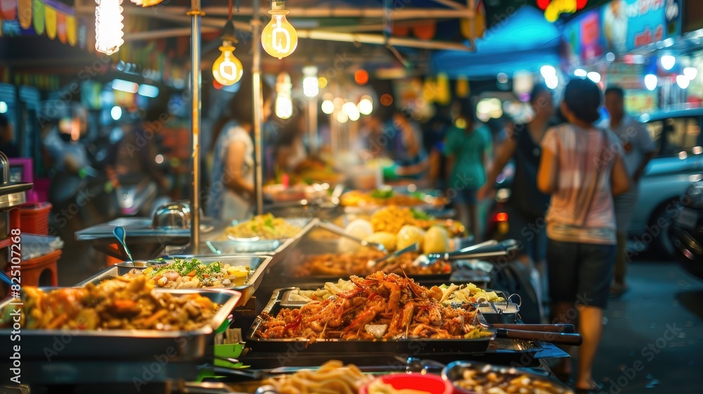 A bustling street food market at night, with colorful food stalls offering a variety of global delicacies, captured under bright, professional lighting to showcase the rich colors A bustling street food market at night, with colorful food stalls offering a variety of global delicacies, captured under bright, professional lighting to showcase the rich colors