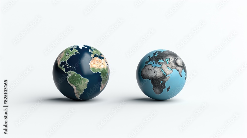 Fototapeta premium Two globes, one blue and one gray, sit side by side on a white background