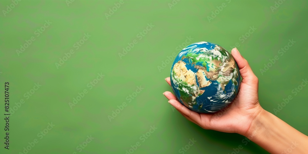Hand holding a globe on a green background with copy space Hand holding a globe on a green background with copy space