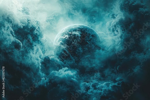 Pandemic portrayed as dark clouds engulfing a planet, SciFi Style, Blue and Black Hues, Illustration, Highlighting global threat photo