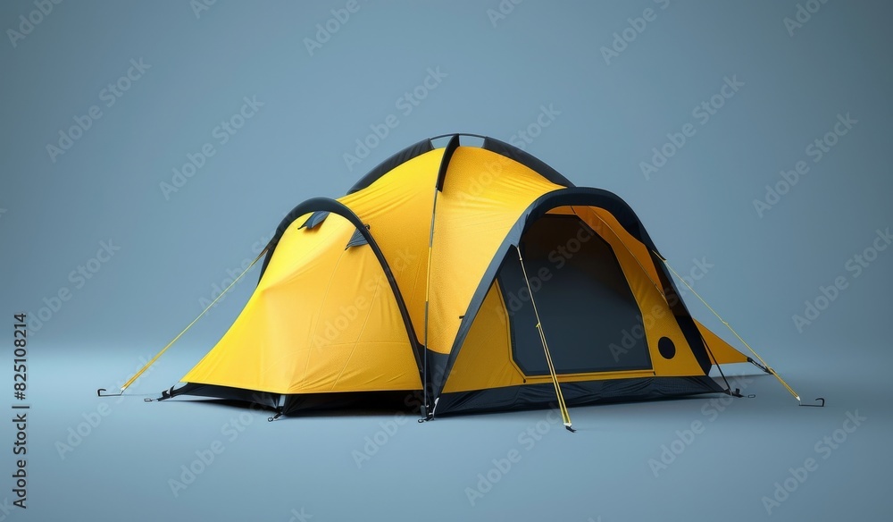 A yellow tent with black trim sits on a grey background A yellow tent with black trim sits on a grey background