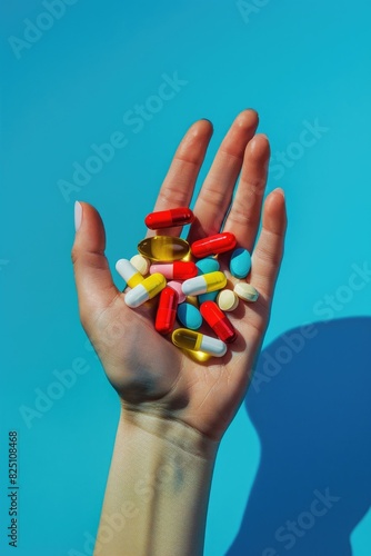 A hand is holding a bunch of pills, including some multicolored ones. Concept of responsibility and care for one's health, as the person is taking the time to organize and hold the pills in their hand