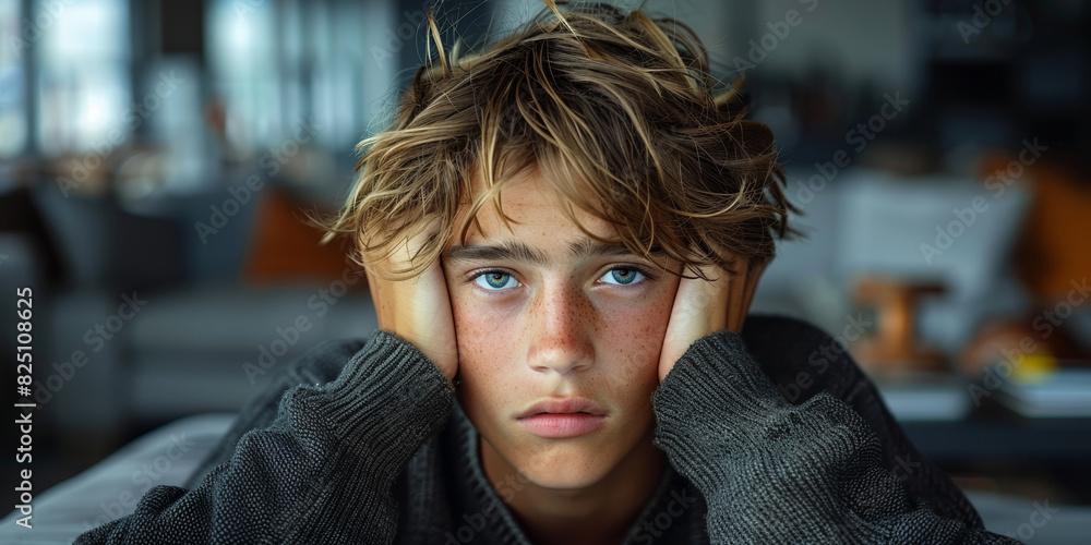 A young boy displays a serious expression, capturing the depths of loneliness and despair A young boy displays a serious expression, capturing the depths of loneliness and despair