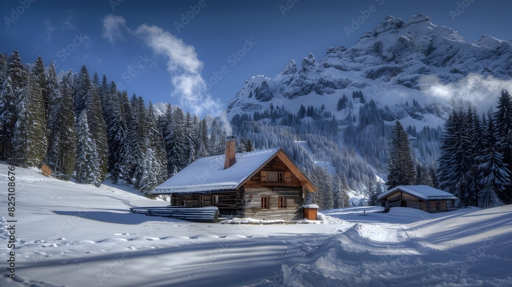 Swiss Alps Solitude: A Tranquil Cabin Nestled Among Snow-Covered Peaks and Pine Forests
