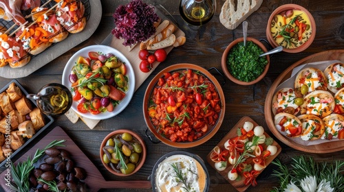 A diverse selection of Mediterranean tapas displayed on a rustic table, with professional lighting enhancing the vibrant colors and inviting textures of the dishes