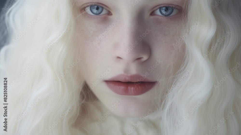 A woman with blue eyes and white hair. She has a red lipstick on. The image has a mood of elegance and sophistication A woman with blue eyes and white hair. She has a red lipstick on. The image has a mood of elegance and sophistication