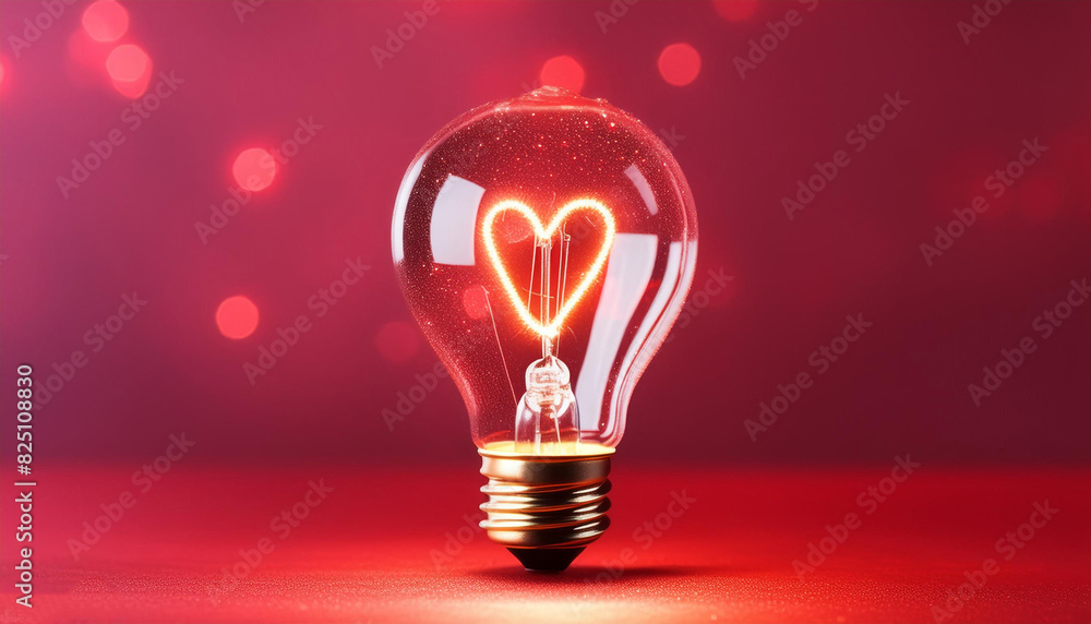 Light bulb with a heart shape glowing filament on a red background Light bulb with a heart shape glowing filament on a red background