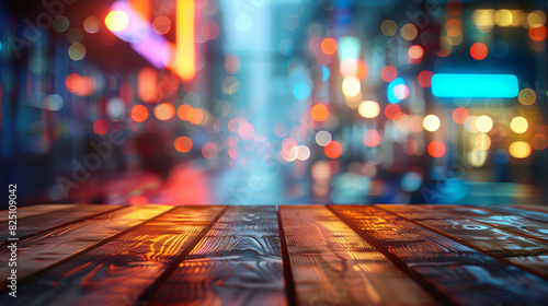 An artistic wooden table on a barely visible city street, bathed in a mesmerizing blur of neon bokeh lights. photo