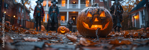 A candid shot of a family in themed Halloween costumes, including a pirate, a princess, and a superhero, standing in front of their decorated home with carved pumpkins and spooky photo
