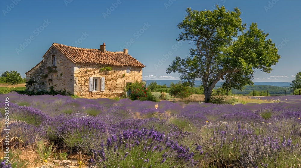 Lavender Fields in Full Bloom at a Charming Provence Farmhouse Under a Clear Blue Sky Lavender Fields in Full Bloom at a Charming Provence Farmhouse Under a Clear Blue Sky