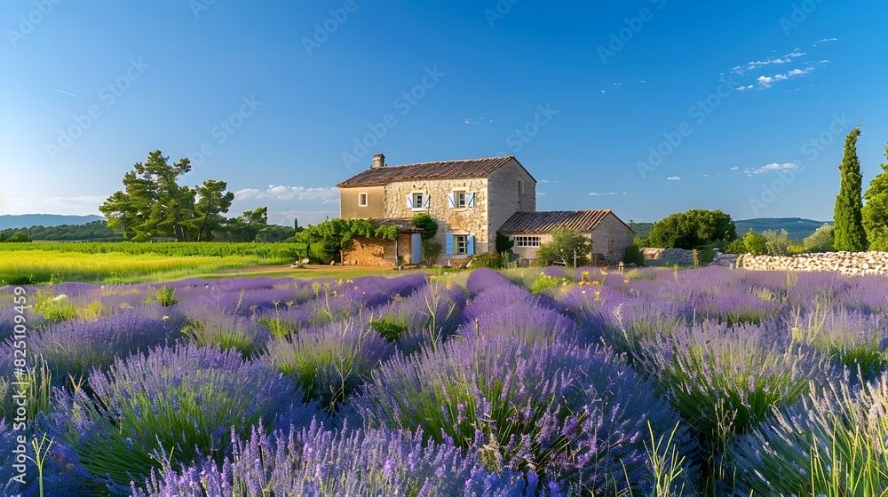 Lavender Fields in Full Bloom: A Peaceful Provence Countryside Panorama with a Charming Stone Lavender Fields in Full Bloom: A Peaceful Provence Countryside Panorama with a Charming Stone