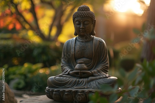 Tranquil buddha statue bathed in the warm glow of a setting sun amidst lush greenery