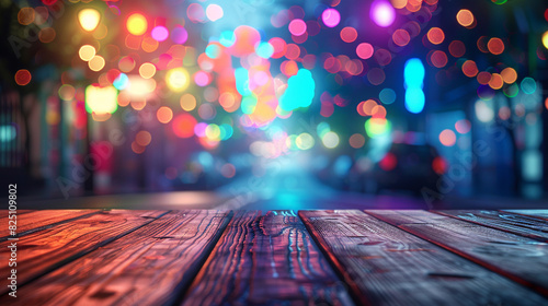 An outdoor wooden table with the street almost hidden by a dense, colorful haze of neon bokeh lights. photo