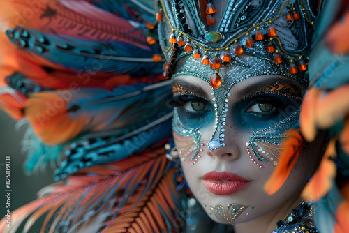 A close-up of a participant's stunning costume creation, adorned with feathers, sequins, and elaborate makeup, capturing the essence of their chosen character