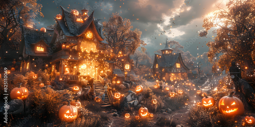  A spooky  outdoor scene of a haunted house in halloween night , pumpkins, with autumn decorations all around