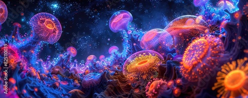 Pathogens infecting a virtual world, Psychedelic, Bright Neon Colors, Digital Art, Representing the unseen battle against infections photo