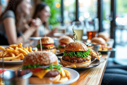 A table full of food including hamburgers, fries, and drinks. Scene is casual and inviting, as it is a gathering of friends or family enjoying a meal together