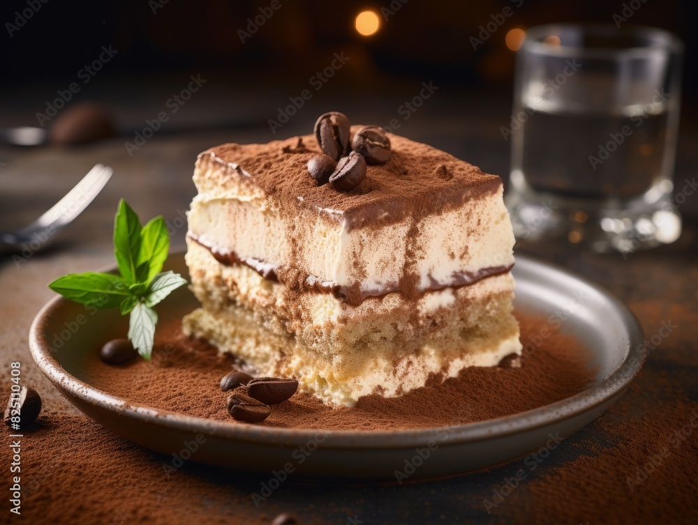 Decadent Tiramisu dessert served on a plate, garnished with coffee beans and fresh mint, in a cozy ambiance setting. Decadent Tiramisu dessert served on a plate, garnished with coffee beans and fresh mint, in a cozy ambiance setting.