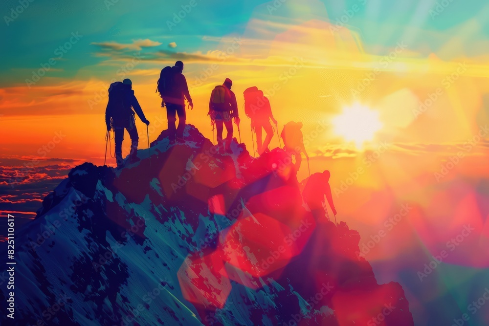 Team of climbers reaching the summit at sunrise, achieving a goal close up, triumph, vibrant, Double exposure, mountain peak