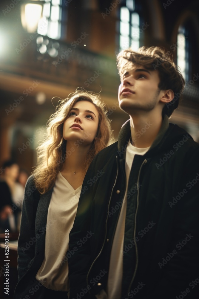A man and a woman are standing next to each other in a church. The woman is wearing a black jacket and the man is wearing a white shirt A man and a woman are standing next to each other in a church. The woman is wearing a black jacket and the man is wearing a white shirt