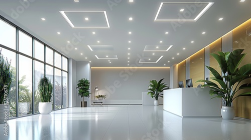 White square LED down lights are installed in an office interior showcasing the modern design and lighting  featuring suspended white square tiles on high ceilings. Generative AI.