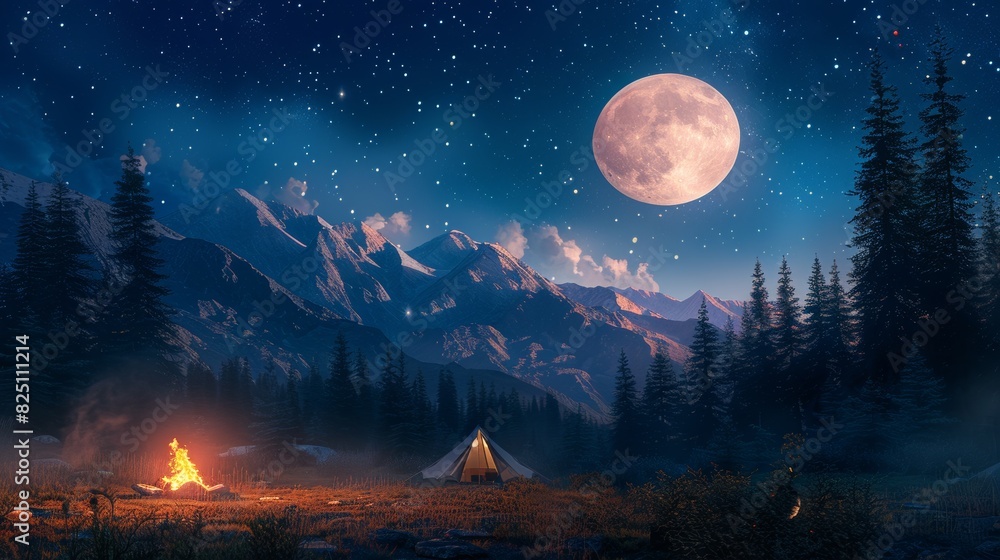 Naklejka premium A campsite with a fire and a tent in the foreground