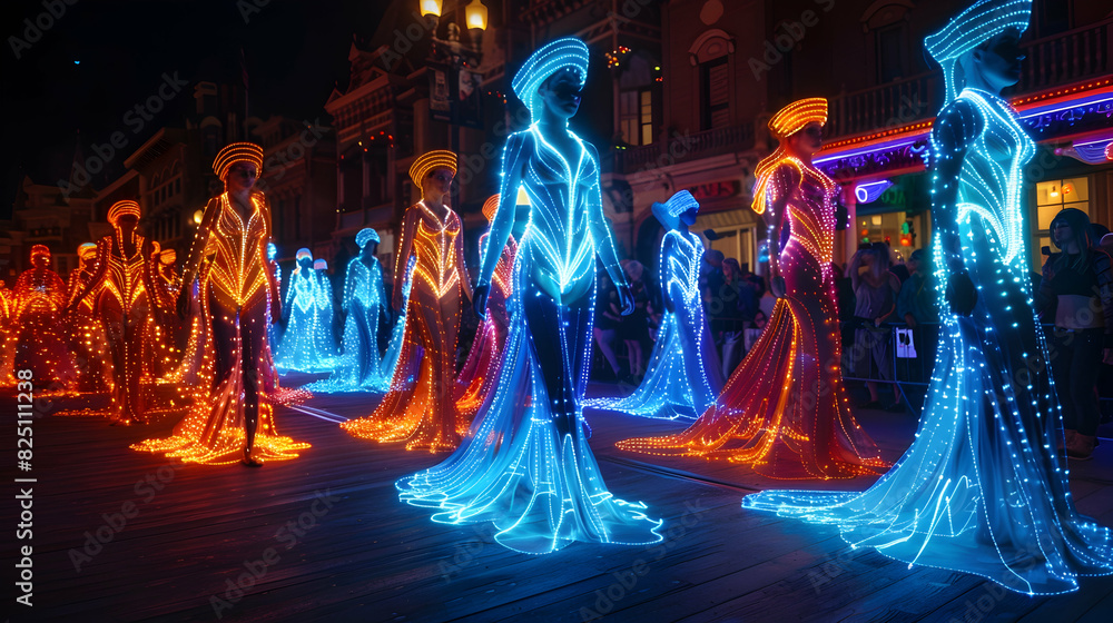  A night-time halloween parade with people in glowing, neon costumes