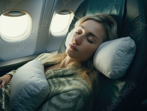 A woman is sleeping on a plane with a pillow and a blanket © vefimov