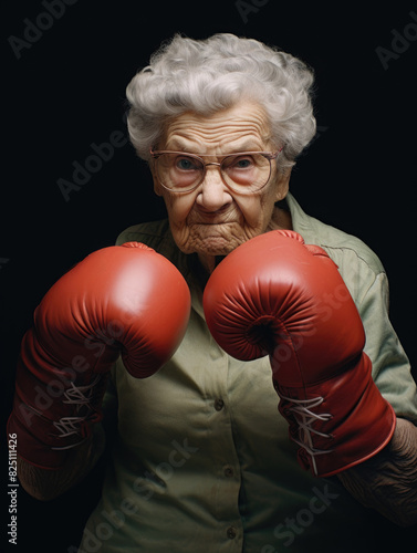 An old woman wearing a red boxing glove is standing in a boxing ring. She looks angry and determined © vefimov