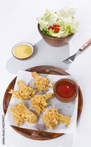 Fried Chicken Drumsticks and Vegetable Salad food on a white background