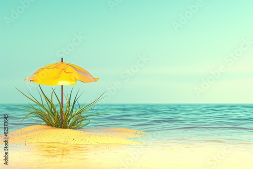 A yellow umbrella is on a beach with the ocean in the background. The umbrella is the only object on the beach  and it is the only thing that stands out. The scene is peaceful and serene