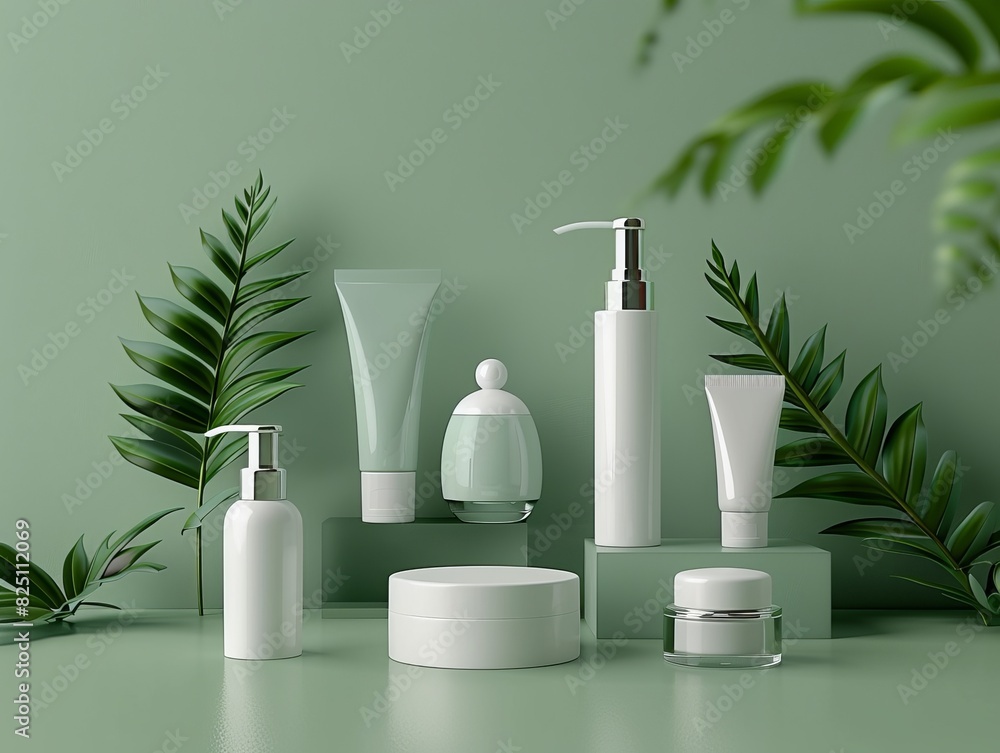 Mockup cosmetic product set. Green background and nature Mockup cosmetic product set. Green background and nature
