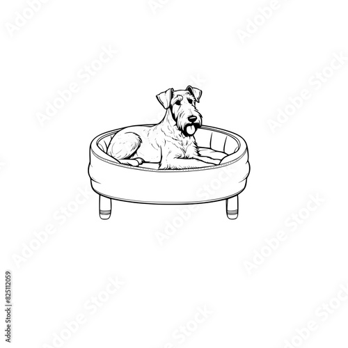 A cartoon airedale terrier in a dog bed coloring page generative ai