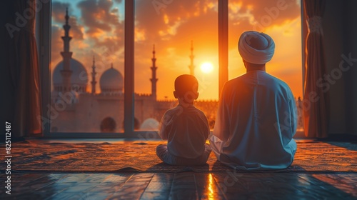 Muslim, praying and father with child in Mosque for spiritual religion together or teaching to worship Allah. Islamic, Arabic and parent with kid for peace or respect as gratitude, trust and hope