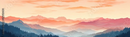Misty mountain landscape with vibrant sunset sky.