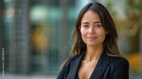 A woman in a business suit is smiling and standing in front of a window Free Download A woman in a business suit is smiling and standing in front of a window - GFXLoad