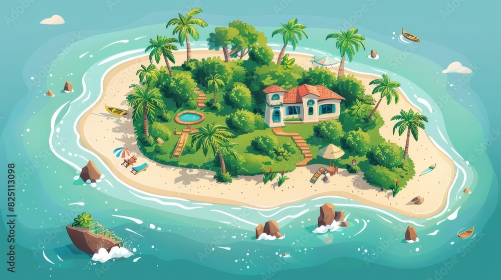 Island flat design top view secluded paradise theme cartoon drawing Split-complementary color scheme