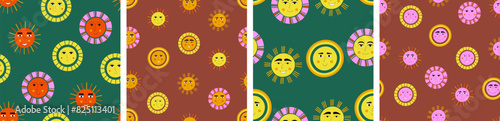 Collection of four patterns, optimistic suns. Endless texture, comic smiley face, simple print for fabric, packaging. photo