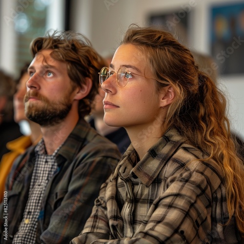 A man and a woman are sitting next to each other, both wearing glasses