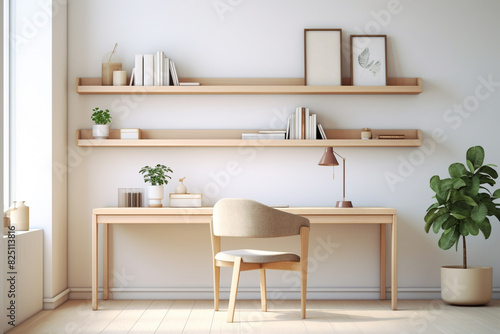 A simplistic home office setup featuring a light-hued desk, a clean-lined chair, and floating shelves exhibiting an assortment of colorful books and tasteful decor.