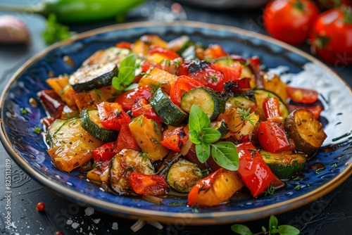 Vibrant Ratatouille on a Dark Blue Plate with Fresh Herbs