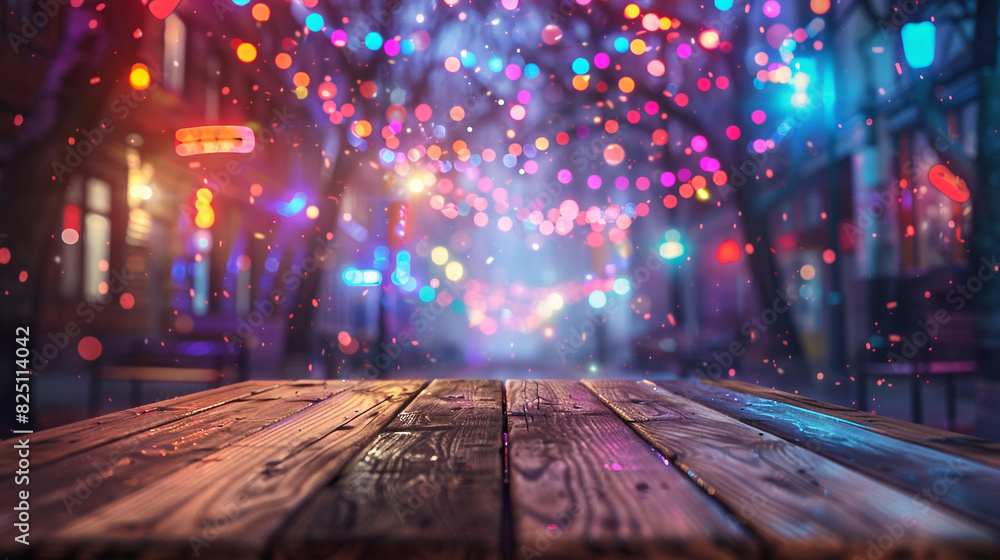 A rustic wooden table under a canopy of intense neon bokeh lights, the street barely visible beneath the vibrant glow.