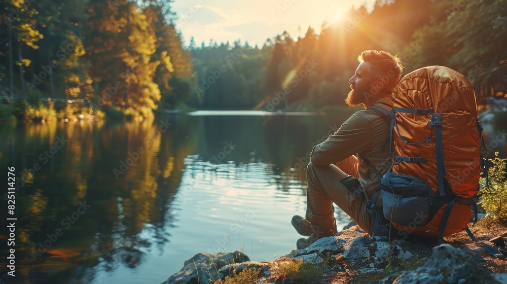 A man sits on a rock by a lake with his backpack on