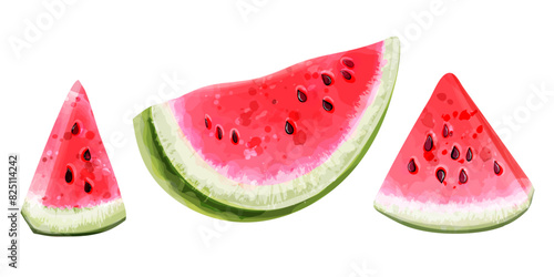 Set of vector slice of ripe watermelon in watercolor style isolated on white background