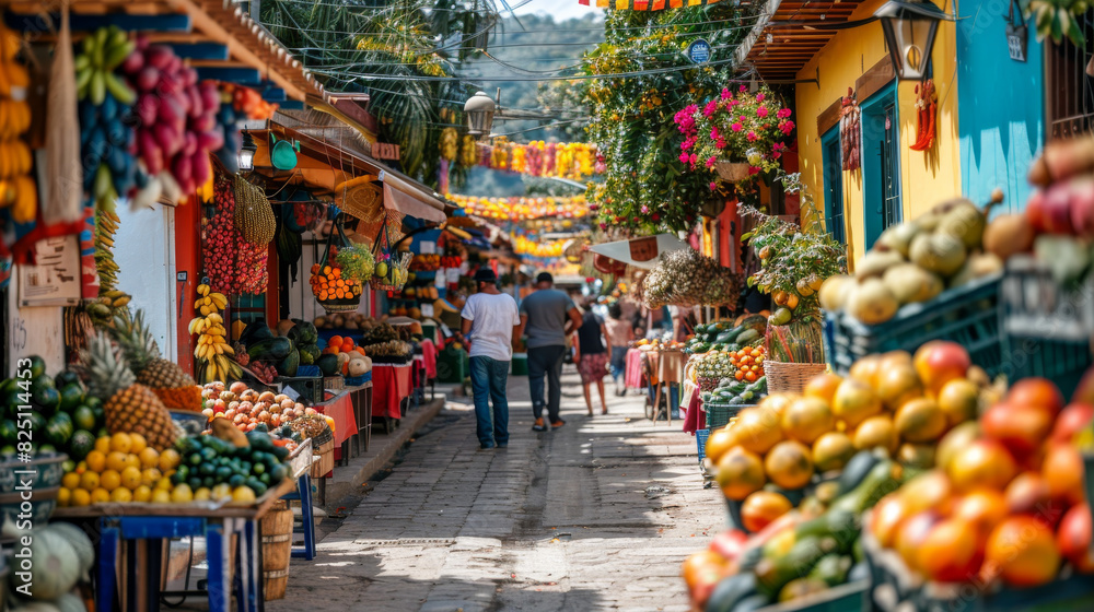 A vibrant street market with vendors displaying a variety of fruits, vegetables, and handmade goods, surrounded by cheerful shoppers.