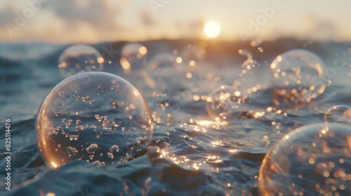 A captivating visual of cosmetic essence enclosed in liquid bubbles, with molecular patterns visible within, set against a backdrop of tranquil water,  photo