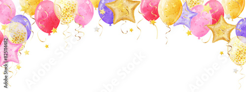 Vector border with colorful bright balloons in watercolor style. Banner for design of birthday, wedding, children's parties, invitations, sales